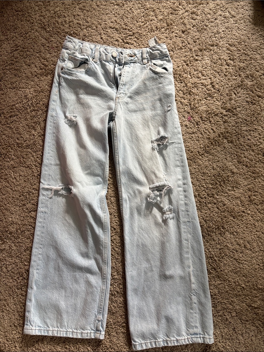 Zara Light Blue Distressed Wide-Leg Jeans